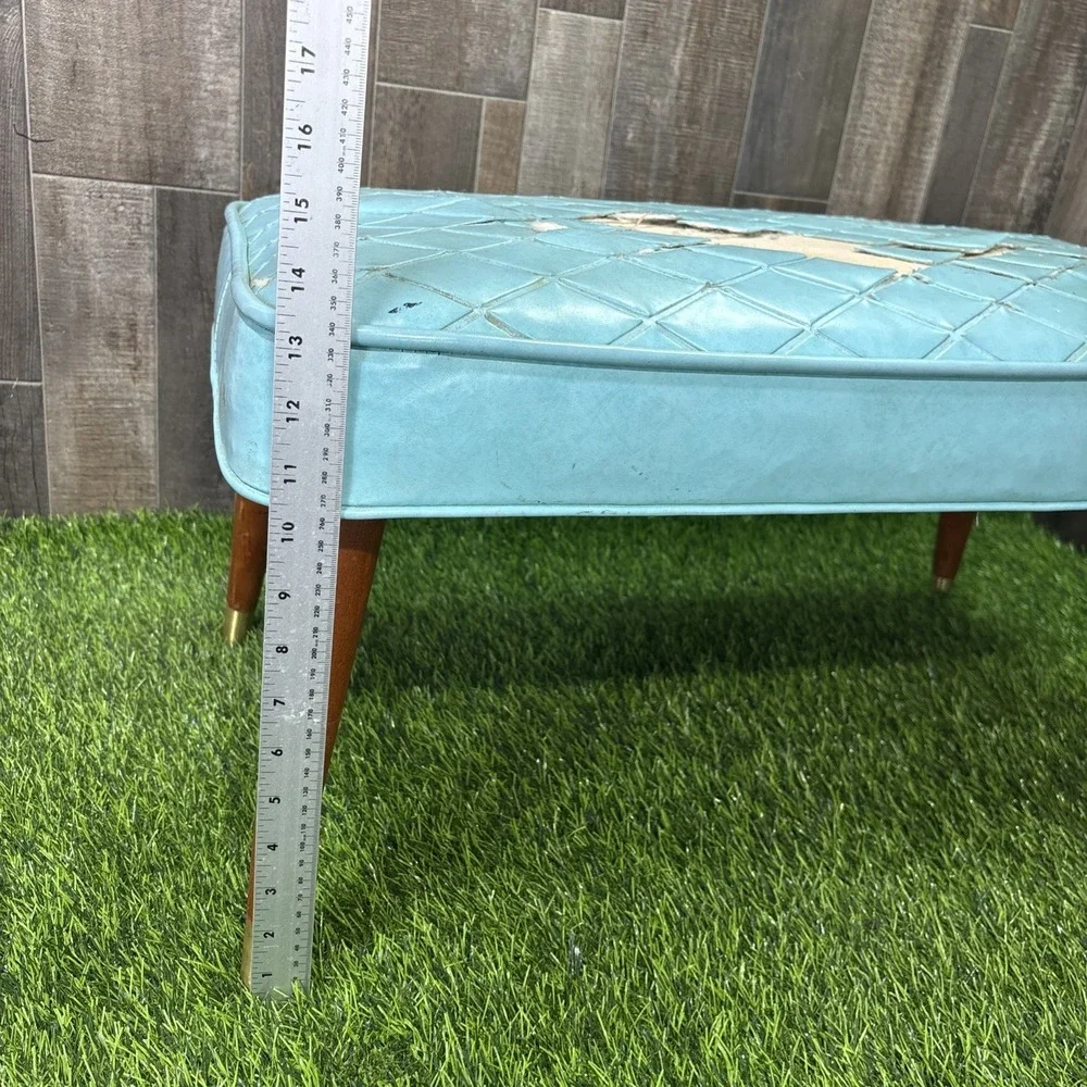 Vintage MCM Vinyl Bench Ottoman Blue Diamond Tufted Needs Repair